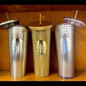 Starbucks Tumbler 24oz: 2023 Silver Chrome, 2022 Gold Studded, & 2020 Clear Grid